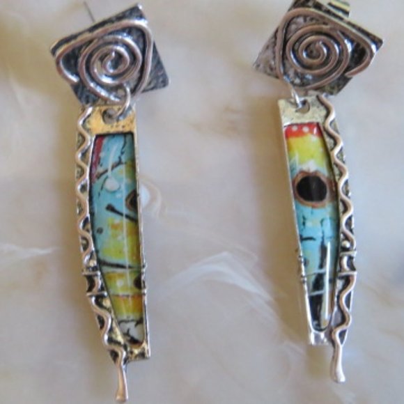 925 Silver Plated & Enamel Drop EARRINGS 3.47 cm L (K307) - Picture 1 of 3
